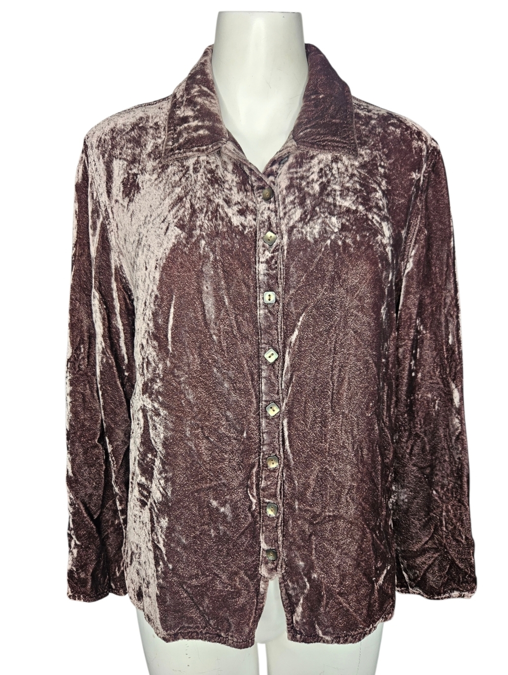 J. Jill Crushed Velvet‎ Button Down Blouse Medium Chocolate Brown Boho Eclectic